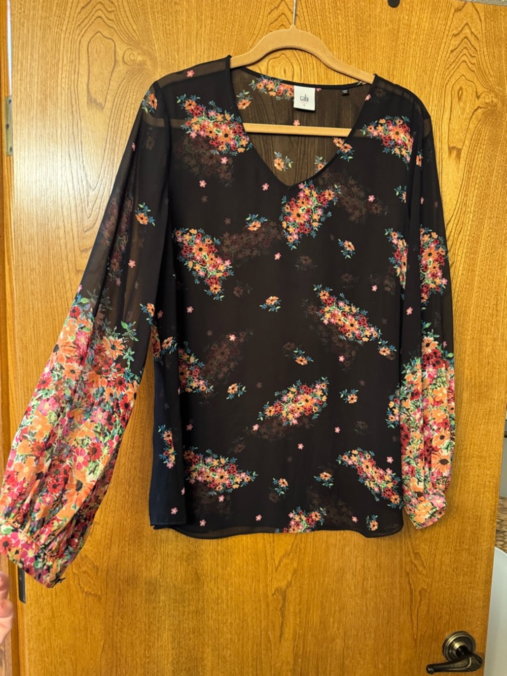 CAbi Black Sheer Floral V-Neck Blouse